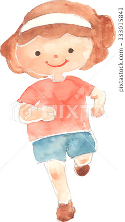 Watercolor illustration of a girl running with a headband, vector 133015841