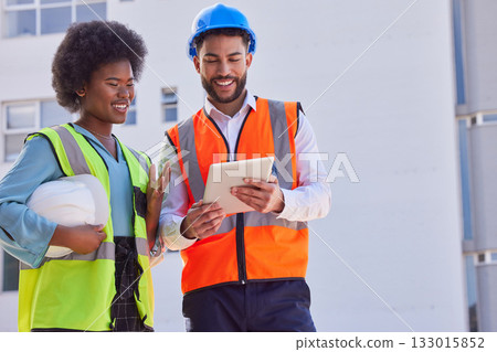 Engineering, tablet and teamwork with people on construction site for inspection, planning or project management. Architecture, buildings and designer with man and black woman in city for development Engineering, tablet and teamwork with people on construction site for inspection, planning or project management. Architecture, buildings and designer with man and black woman in city for development 133015852