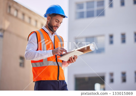 Tablet, outdoor and engineering man, construction worker or building contractor with urban design planning on software. Architecture, city and builder on digital technology with blueprint management Tablet, outdoor and engineering man, construction worker or building contractor with urban design planning on software. Architecture, city and builder on digital technology with blueprint management 133015869