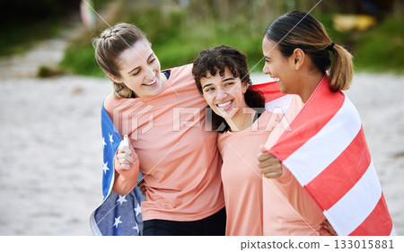Friends, flag and usa with girls on the beach together during summer day for bonding in nature. Team, patriot and diversity with american people outdoor on the sand by the coast for a vacation Friends, flag and usa with girls on the beach together during summer day for bonding in nature. Team, patriot and diversity with american people outdoor on the sand by the coast for a vacation 133015881