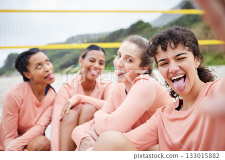 Volleyball woman team, beach selfie or funny face in portrait for smile, support or diversity for sport. Comic athlete women, social media or silly profile picture for solidarity, fitness or wellness 133015882