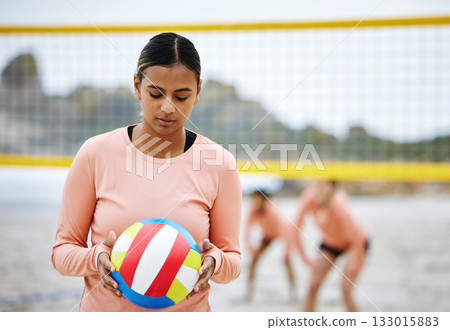 Beach volleyball, focus or sports girl in training playing a game or cardio fitness workout in summer. Thinking and active woman on sand ready for a fun competitive match in Brazil, Sao Paulo Beach volleyball, focus or sports girl in training playing a game or cardio fitness workout in summer. Thinking and active woman on sand ready for a fun competitive match in Brazil, Sao Paulo 133015883