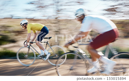 Race, cycling and fast with men in park for training, motion blur and cardio workout. Marathon, sports and exercise with cyclists riding on bike for speed, challenge and fitness for competition Race, cycling and fast with men in park for training, motion blur and cardio workout. Marathon, sports and exercise with cyclists riding on bike for speed, challenge and fitness for competition 133015894