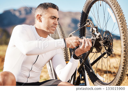 Cycling, repair and wheel with man and focus for sports, wellness and fitness training. Insurance, safety and tire change with cyclist fixing mountain bike on trail for broken, puncture and check 133015900
