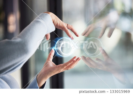 3d world, hologram and hands of woman holding digital model for network, global and online or ai research. International, futuristic earth and person with technology for communication in metaverse 3d world, hologram and hands of woman holding digital model for network, global and online or ai research. International, futuristic earth and person with technology for communication in metaverse 133015969