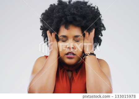 Stress, headache and woman cover ears in studio, white background and problem of noise, anxiety and vertigo. Face, female model and migraine of fear, mental health and scared of trauma, mind and pain Stress, headache and woman cover ears in studio, white background and problem of noise, anxiety and vertigo. Face, female model and migraine of fear, mental health and scared of trauma, mind and pain 133015978