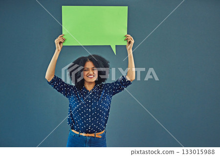 Mockup, poster and woman portrait with speech bubble in studio for news or social media blue background. Space, voice and female person advertising opinion with paper, sticker and branding promotion Mockup, poster and woman portrait with speech bubble in studio for news or social media blue background. Space, voice and female person advertising opinion with paper, sticker and branding promotion 133015988