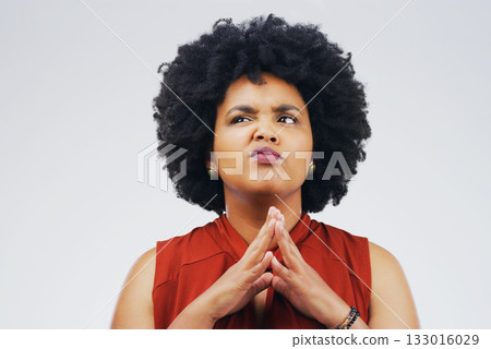 Confused, smirk and woman in studio thinking on mockup, space and white background. Doubt, emoji and face of African female person with option, choice and unsure or suspicious expression isolated Confused, smirk and woman in studio thinking on mockup, space and white background. Doubt, emoji and face of African female person with option, choice and unsure or suspicious expression isolated 133016029