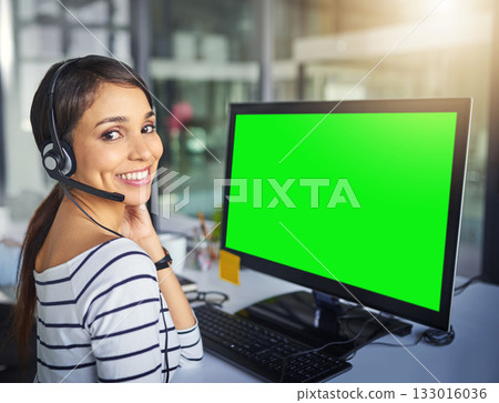 Call center, customer service and portrait of woman with green screen on computer for consulting help. Telemarketing, communication mockup and female worker for contact, crm software and support 133016036
