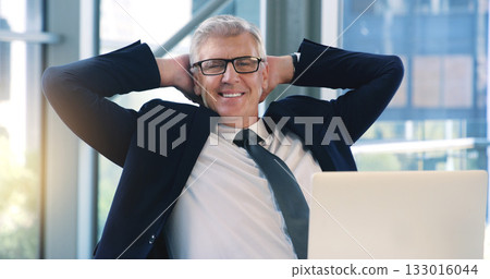 Portrait, relax and business man, ceo or professional in office working on laptop. Face, glasses and male executive on break, senior entrepreneur or happy director from Canada with pride for career. 133016044