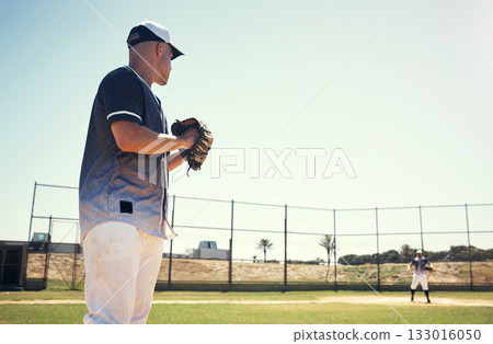 Pitch, sports and games with man on baseball field for competition, training and performance. Action, exercise and championship with male athlete in stadium park for fitness, practice and club space 133016050