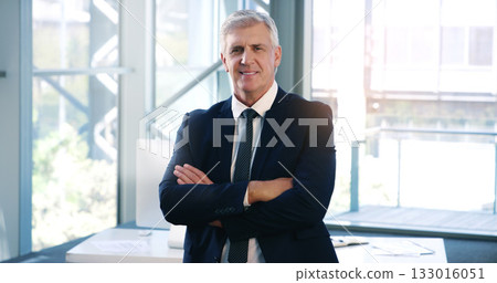 Portrait, smile and business man with arms crossed in office workplace for success mindset. Face, senior ceo and male executive, entrepreneur and professional from Australia with confidence in career 133016051