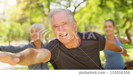 Yoga, exercise and an old couple with their coach in a park for a health or active lifestyle. Fitness, wellness or zen and senior people training outdoor for a workout with their personal trainer Yoga, exercise and an old couple with their coach in a park for a health or active lifestyle. Fitness, wellness or zen and senior people training outdoor for a workout with their personal trainer 133016108
