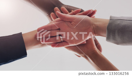 Business people, teamwork and group hands for support from below with solidarity, trust and collaboration. Professional team building, partnership and strategy of men and women with motivation 133016256