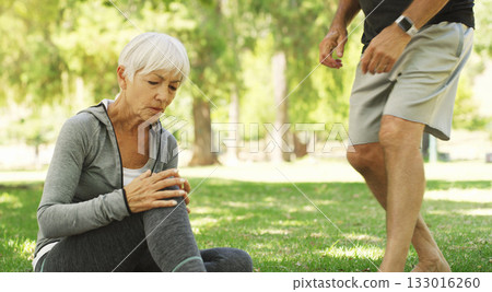 Old couple, woman with knee pain and injury outdoor, fibromyalgia health problem and joint ache from exercise. Muscle tension, arthritis and people in retirement with fitness in park and emergency Old couple, woman with knee pain and injury outdoor, fibromyalgia health problem and joint ache from exercise. Muscle tension, arthritis and people in retirement with fitness in park and emergency 133016260