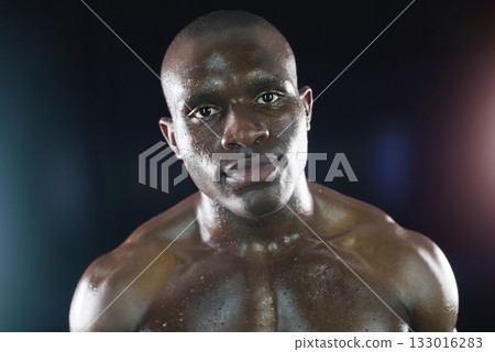 Fitness, body builder and portrait of black man with sweat on dark background for workout, exercise and training. Sports, muscle and face of serious male person with dedication, motivation and focus Fitness, body builder and portrait of black man with sweat on dark background for workout, exercise and training. Sports, muscle and face of serious male person with dedication, motivation and focus 133016283
