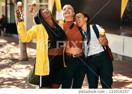 Woman friends, ice cream and street in city with edgy gen z fashion, summer and happiness on travel. Group, young women and students with smile, gelato or dessert on vacation with crazy laughing Woman friends, ice cream and street in city with edgy gen z fashion, summer and happiness on travel. Group, young women and students with smile, gelato or dessert on vacation with crazy laughing 133016287