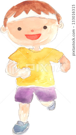 Watercolor illustration of a boy running with a headband, vector Watercolor illustration of a boy running with a headband, vector 133016315