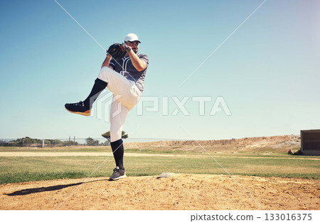 Pitch, sports and baseball with man on field for competition, training and games. Action, exercise and championship with male athlete throwing in stadium park for fitness, performance and club Pitch, sports and baseball with man on field for competition, training and games. Action, exercise and championship with male athlete throwing in stadium park for fitness, performance and club 133016375