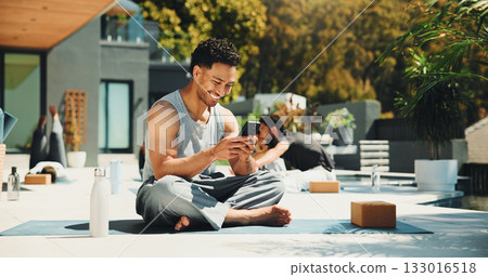 Yoga, smile and phone with man in class for spiritual retreat, social media and communication. Pilates workout app, wellness club and online mindfulness guide with person outdoor for fitness Yoga, smile and phone with man in class for spiritual retreat, social media and communication. Pilates workout app, wellness club and online mindfulness guide with person outdoor for fitness 133016518