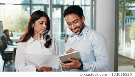 People, reading and document with tablet in office for planning, finance report and budget review. Team, talk and digital with financial paperwork, payroll procedure and feedback for investment offer 133016520