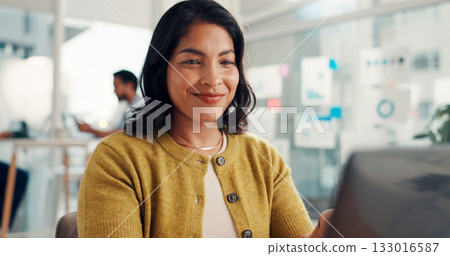 Creative, proofreading and woman with laptop, office or planning for ebook on website and publishing. Writer, happy and person with tech for review, project and editing novel for release and online 133016587