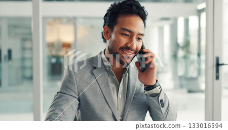 Business, man or happy with phone call in office for finance deal, investment feedback or discussion. Account manager, employee and talking to client for corporate negotiation, funding update or chat 133016594