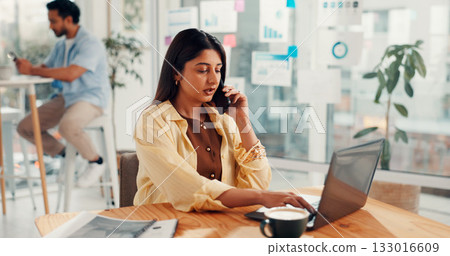 Media agency, phone call and woman with laptop, talking and subscription for magazine sales. People, employee or consultant in office, pc or cellphone with online interview, internet or communication 133016609