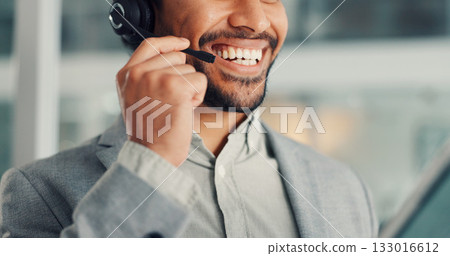 Mouth, happy man and agent in call center for telemarketing, insurance sales and lead generation. Telesales, lips and broker with headset for speaking, policy coverage or outbound feedback for claims Mouth, happy man and agent in call center for telemarketing, insurance sales and lead generation. Telesales, lips and broker with headset for speaking, policy coverage or outbound feedback for claims 133016612