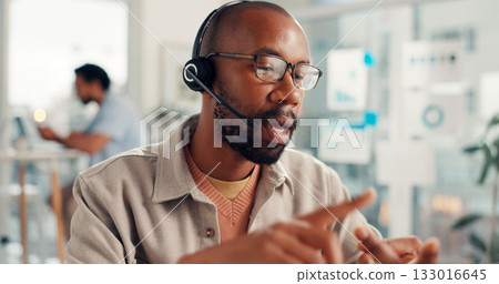 Telemarketing, consultant and man with headset, call center and explaining offer to contact and talk. Customer service, agent and person with technology for communication, lead generation and sales 133016645
