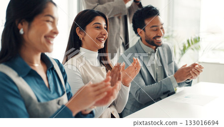 Happy, business people and meeting with applause for presentation, thank you or well done in office. Group, employees or team clapping with smile for conference, speech or workshop in workplace 133016694
