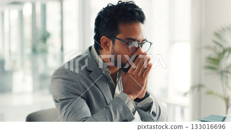 Frustrated, businessman and thinking with stress, doubt or mistake for finance or bad investment. Serious, man or contemplating decision with corporate choice for financial loss, debt or bankruptcy 133016696