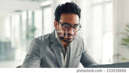 Happy, businessman and glasses for laptop, office or financial analysis on website, info and reading. Investment banker, person and planning for pitch with technology, review and checking budget Happy, businessman and glasses for laptop, office or financial analysis on website, info and reading. Investment banker, person and planning for pitch with technology, review and checking budget 133016698