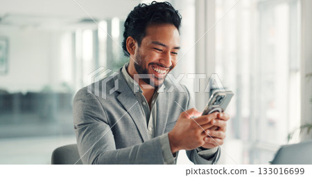 Phone, happy and businessman in office with networking, communication or email on mobile app. Smile, technology and male person with cellphone for contact, texting or research online in workplace. Phone, happy and businessman in office with networking, communication or email on mobile app. Smile, technology and male person with cellphone for contact, texting or research online in workplace. 133016699
