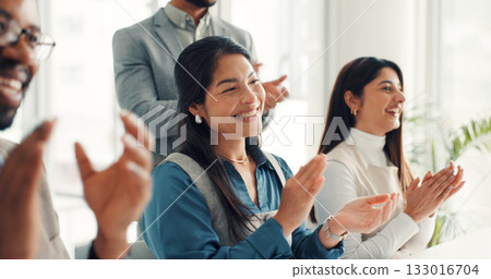 Happy, business people and team with applause for presentation, thank you or well done in office. Group, employees or clapping with smile for conference meeting, speech or workshop in workplace 133016704