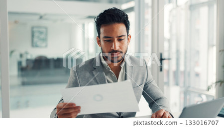 Businessman, documents and accountant with laptop in office for corporate budget or finance. Man, employee or accounting with paperwork for company expenses, statistics or report in workplace 133016707