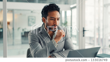 Office, employee and man with laptop, think and financial analysis on website, reading and research. Investment banker, person and planning for pitch with technology, online and checking market 133016749