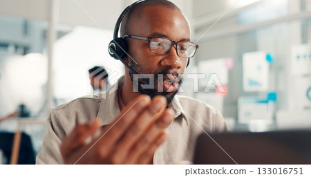 Telemarketing, laptop and man with headset, call center and discussion with contact, offer or online. Customer service, glasses and person with mic for communication, lead generation and reflection Telemarketing, laptop and man with headset, call center and discussion with contact, offer or online. Customer service, glasses and person with mic for communication, lead generation and reflection 133016751