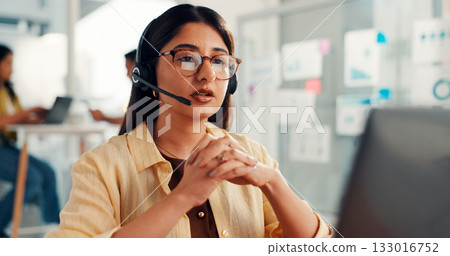 Telemarketing, laptop and woman with headset, call center and communication with contact and online. Customer service, glasses and person with mic for discussion, lead generation and reflection 133016752
