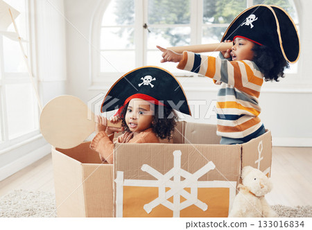 Pirate, box and telescope with children in living room for playful, creative and imagine. Fantasy, relax and party with kids sailing in cardboard boat at home for free time, weekend and entertainment 133016834