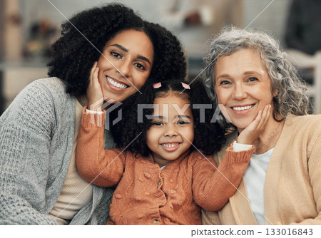 Family, love and portrait by girl with mother and grandmother on a sofa, happy and smile in their home. Bond, relax and face of senior woman with adult daughter and grandchild on couch on the weekend Family, love and portrait by girl with mother and grandmother on a sofa, happy and smile in their home. Bond, relax and face of senior woman with adult daughter and grandchild on couch on the weekend 133016843