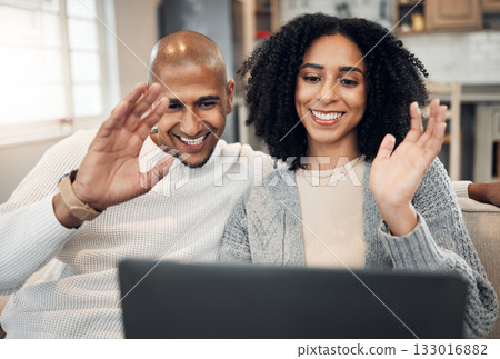 Couple wave, laptop and video call, communication and happy people at home, technology and virtual chat. Internet, connection and network, man and woman relax in living room with online conversation Couple wave, laptop and video call, communication and happy people at home, technology and virtual chat. Internet, connection and network, man and woman relax in living room with online conversation 133016882