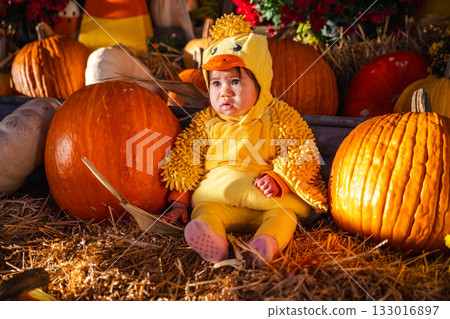 Cute baby in a yellow duck costume sitting among pumpkins and hay during autumn harvest celebration. Cute baby in a yellow duck costume sitting among pumpkins and hay during autumn harvest celebration. 133016897