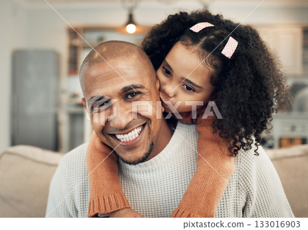 Family, portrait and girl kiss father on sofa, happy and playing or bond in their home. Piggyback, hug and face of parent with child on couch, sweet and embrace and having fun in living room Family, portrait and girl kiss father on sofa, happy and playing or bond in their home. Piggyback, hug and face of parent with child on couch, sweet and embrace and having fun in living room 133016903