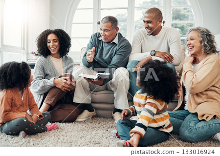 Family relax, wow with fantasy and reading book, grandparents with parents and kids at home for storytelling. Surprise, shock and imagine, generations and happy people with novel, bonding and love 133016924