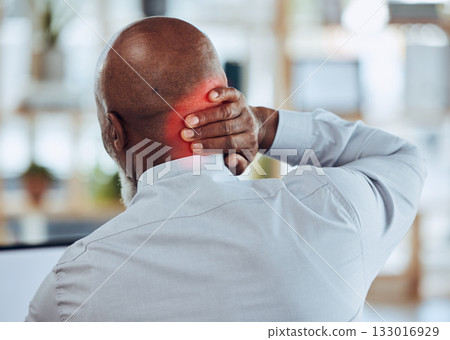 Back, red neck pain and business man in office with joint injury, health risk and bruise. Head of worker, muscle problem and body fatigue from bad posture at desk, stress and anatomy inflammation 133016929