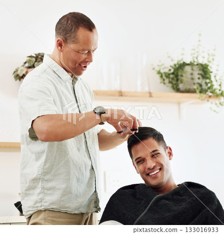 Father, man and shaving hair in home for grooming, cleaning and trimming. Smile, laughing and happy male or son getting haircut with electric shaver from senior dad for hairstyle and bonding in house Father, man and shaving hair in home for grooming, cleaning and trimming. Smile, laughing and happy male or son getting haircut with electric shaver from senior dad for hairstyle and bonding in house 133016933