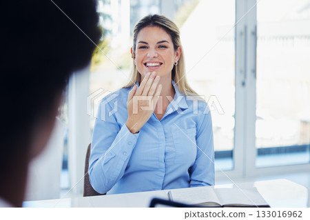 Business, woman and meeting for planning, deaf and share ideas for profit growth, brand development and success. Female employee, manager and happy agent with sign language, happiness and workplace Business, woman and meeting for planning, deaf and share ideas for profit growth, brand development and success. Female employee, manager and happy agent with sign language, happiness and workplace 133016962