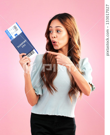 Travel passport, surprise and woman point in studio with ticket, boarding pass and flight documents. Traveling agency mockup, tourism and girl ready for international holiday, vacation and USA trip Travel passport, surprise and woman point in studio with ticket, boarding pass and flight documents. Traveling agency mockup, tourism and girl ready for international holiday, vacation and USA trip 133017027
