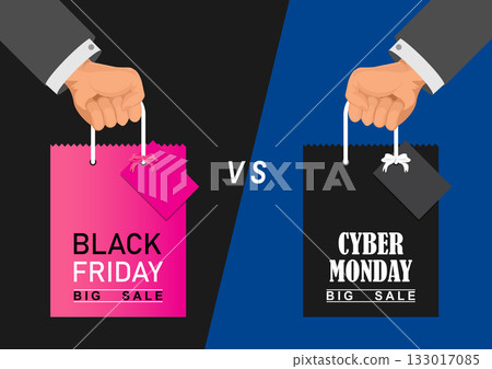 Human hands holding Black Friday and Cyber Monday shopping bags. Human hands holding Black Friday and Cyber Monday shopping bags. 133017085